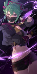 Rule 34 | 1girl, black background, black gloves, black shorts, breasts, cleavage, crop top, electricity, fishnets, genshin impact, gloves, green hair, hair between eyes, highres, holding, holding weapon, japanese clothes, kuki shinobu, long sleeves, mask, mouth mask, nail polish, ninja mask, partially fingerless gloves, purple eyes, purple nails, short shorts, shorts, simple background, solo, tassel, weapon, yagita (astronomie)