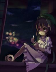 Rule 34 | 1girl, aerial fireworks, animal ears, bad id, bad pixiv id, barefoot, brown eyes, brown hair, cat ears, cat girl, cat tail, chen, earrings, female focus, fireworks, hat, hidebo, incense, jewelry, lighter, multiple tails, night, nightgown, short hair, solo, tail, touhou