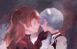 Rule 34 | 2girls, absurdres, ayanami rei, blue eyes, eye contact, from side, grabbing another&#039;s chin, hair between eyes, hand on another&#039;s chin, highres, imminent kiss, interface headset, long hair, looking at another, multiple girls, neon genesis evangelion, orange hair, painterly, parted lips, plugsuit, red eyes, short hair, souryuu asuka langley, torio, upper body, yuri