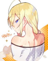 Rule 34 | 1boy, absurdres, ahoge, artist name, bare shoulders, blonde hair, blue eyes, commentary request, from behind, hair over shoulder, highres, long hair, looking at viewer, low ponytail, male focus, mama (akemaru), marui shiro, nape, original, ponytail, portrait, profile, sidelocks, signature, solo, sweat, trap, tsurime