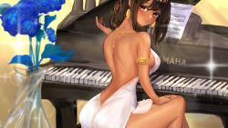 Rule 34 | aburiengawa3150, armlet, azur lane, backless dress, backless outfit, black hair, cocktail dress, dark-skinned female, dark skin, dress, earrings, evening gown, feather earrings, feathers, grand piano, highres, instrument, jewelry, native american, official alternate costume, piano, piano bench, solo, south dakota (azur lane), south dakota (solo concert) (azur lane), yamaha, yellow background, yellow eyes