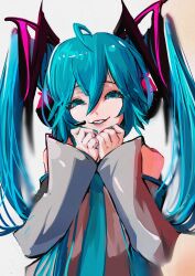 Rule 34 | 1girl, absurdres, ahoge, blue eyes, blue nails, blue necktie, commentary, detached sleeves, grey shirt, hair between eyes, hands on own chin, hatsune miku, head tilt, headset, higemu, highres, long hair, looking at viewer, nail polish, necktie, parted lips, shadow, shirt, sleeveless, sleeveless shirt, smile, solo, straight-on, twintails, very long hair, vocaloid, white background