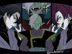 3boys black_bodysuit black_eyes black_hair blue_sash bodysuit colored_skin dougi dragon_ball dragon_ball_super earrings fused_zamasu goku_black green_skin grey_eyes highres jewelry long_sleeves mohawk mukosei37 multiple_boys multiple_views pink_hair pointy_ears potara_earrings purple_shirt saiyan sash sharp_teeth shirt short_hair spiked_hair super_saiyan super_saiyan_rose teeth white_hair zamasu