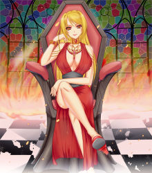 Rule 34 | 1girl, blonde hair, breasts, dress, fire, high heels, jewelry, large breasts, legs, crossed legs, long hair, long legs, looking at viewer, lots of jewelry, naughty face, necklace, nipples, no bra, original, red dress, ryuuzouji usagi, see-through, see-through silhouette, shoes, sitting, smile, solo, thighs, yellow eyes