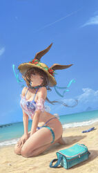 1girl absurdres alternate_breast_size amiya_(arknights) animal_ears arknights bag bare_shoulders barefoot beach bikini bikini_under_clothes blue_bikini blue_choker blue_eyes blue_sky blush breasts brown_hair brown_hat choker cleavage closed_mouth collarbone crop_top day ears_through_headwear flower full_body handbag hat hat_flower highres jay_xu jewelry kneeling large_breasts long_hair looking_at_viewer ocean off-shoulder_shirt off_shoulder official_alternate_costume outdoors ponytail rabbit_ears rabbit_girl rabbit_tail red_flower sand shirt short_sleeves sky smile solo straw_hat swimsuit tail thighlet water