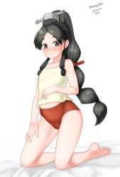 Rule 34 | 1girl, absurdres, alternate costume, barefoot, black hair, brown eyes, buruma, camisole, hair tie, headgear, high ponytail, highres, kantai collection, kneeling, long hair, looking at viewer, maru (marg0613), multi-tied hair, nisshin (kancolle), red buruma, red ribbon, ribbon, short eyebrows, solo, thick eyebrows, thighs, very long hair, white camisole