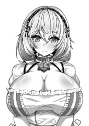 Rule 34 | 1girl, anchor choker, azur lane, blush, breasts, cleavage, gan-metal, greyscale, highres, huge breasts, looking at viewer, medium hair, monochrome, puffy short sleeves, puffy sleeves, short sleeves, simple background, sirius (azur lane), solo, upper body, white background