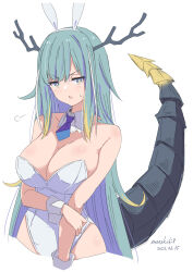 Rule 34 | 1girl, animal ears, aqua hair, artist name, bare shoulders, blonde hair, blue eyes, blue hair, blue necktie, breasts, cleavage, dared, detached collar, dragon girl, dragon horns, dragon tail, fake animal ears, highres, horns, kichihachi, la peche party, large breasts, leotard, looking at viewer, multicolored hair, necktie, rabbit ears, shioumi waka, simple background, solo, tail, virtual youtuber, white background, white leotard
