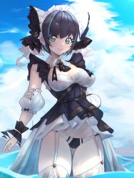 Rule 34 | 1girl, absurdres, animal ears, apron, aqua eyes, azur lane, black apron, black hair, blue sky, blush, breasts, cheshire (azur lane), cleavage, closed mouth, cloud, covered erect nipples, day, detached sleeves, dress, frilled hairband, frilled headband, frilled ribbon, frills, garter straps, hairband, highres, huge filesize, in water, large breasts, long ribbon, looking at viewer, maid headdress, multicolored hair, outdoors, puffy detached sleeves, puffy sleeves, ribbon, sky, smile, solo, streaked hair, thighhighs, two-tone panties, wading, water, white thighhighs, wrist cuffs, yoonsemo
