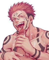 Rule 34 | 2boys, after fellatio, black hair, chest tattoo, completely nude, cum, cum in mouth, cum on body, cum on male, cum on pectorals, cum on tongue, erection, facial, facial mark, fangs, forehead mark, highres, itadori yuuji, jujutsu kaisen, large pectorals, looking at viewer, male focus, multicolored hair, multiple boys, muscular, muscular male, nipples, nude, open mouth, pectorals, penis, pink hair, red eyes, ryoumen sukuna (jujutsu kaisen), salmon (657931354), short hair, solo focus, tattoo, tongue, tongue out, two-tone hair, uncensored, undercut, upper body, white background, yaoi