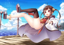 Rule 34 | 1girl, ahoge, azur lane, black thighhighs, blunt bangs, breasts, brown hair, china dress, chinese clothes, day, dress, falling, hair ornament, long hair, outdoors, panties, ping hai (azur lane), red eyes, side-tie panties, single thighhigh, small breasts, solo, thighhighs, twintails, underwear, yamaishi nohi