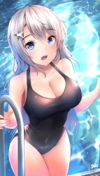 Rule 34 | 1girl, 9a-91 (girls&#039; frontline), :o, absurdres, bare shoulders, black one-piece swimsuit, blue eyes, blush, breasts, cleavage, climbing, day, girls&#039; frontline, hair between eyes, hair ornament, highres, hiromaster sinta jh, long hair, looking at viewer, one-piece swimsuit, outdoors, pool, pool ladder, signature, silver hair, solo, star (symbol), star hair ornament, swimsuit, very long hair, wet