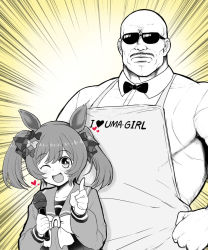 Rule 34 | 1boy, 1girl, animal ears, apron, bald, bow, bowtie, city hunter, crossover, emphasis lines, facial hair, greyscale, greyscale with colored background, hair bow, highres, horse ears, horse girl, matarou (matarou072), microphone, monochrome, mustache, name connection, one eye closed, open mouth, sailor collar, sailor shirt, school uniform, shirt, size difference, smart falcon (umamusume), smile, summer uniform, sunglasses, tracen school uniform, twintails, umamusume, umibozu (city hunter), yellow background