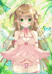 Rule 34 | 1girl, animal, bad id, bad pixiv id, bare shoulders, blue wings, blurry, blurry background, blush, bow, bow panties, breasts, brown hair, bug, butterfly, camisole, cleavage, closed mouth, commentary request, cowboy shot, day, depth of field, feathered wings, frilled camisole, frilled panties, frills, gluteal fold, green eyes, hair between eyes, hamico, highres, insect, long hair, medium breasts, navel, original, outdoors, panties, pink bow, pink camisole, plant, pointy ears, see-through, solo, standing, sunlight, two side up, underwear, very long hair, wading, water, white panties, wings