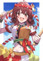 Rule 34 | absurdres, ahoge, blush, breasts, commentary, hachimaki, hair between eyes, hands up, happi, haruyuki (gffewuoutgblubh), headband, highres, idolmaster, idolmaster shiny colors, japanese clothes, komiya kaho, looking at viewer, medium breasts, midriff, multicolored clothes, navel, nejiri hachimaki, open mouth, red eyes, red hair, short sleeves, skirt, solo, star (symbol), sweat, taiko sticks, v-shaped eyebrows