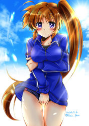 Rule 34 | 1girl, artist name, blue track suit, blush, breast hold, breasts, brown hair, buruma, cloud, cloudy sky, collarbone, commentary request, dated, day, hair between eyes, highres, light rays, long hair, looking at viewer, lyrical nanoha, medium breasts, purple eyes, san-pon, side ponytail, sidelocks, sky, solo, sun, sweatdrop, takamachi nanoha, track suit, very long hair