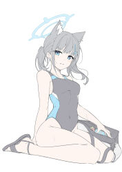 Rule 34 | 1girl, animal ear fluff, animal ears, arm behind back, bag, black one-piece swimsuit, blue archive, blue eyes, blush, breasts, competition swimsuit, covered navel, cross, cross hair ornament, duffel bag, full body, grey hair, hair ornament, halo, highres, inverted cross, legs, looking at viewer, masabodo, medium breasts, official alternate costume, one-piece swimsuit, parted lips, sandals, shiroko (blue archive), shiroko (swimsuit) (blue archive), short hair, simple background, sitting, solo, swimsuit, thighs, wariza, white background