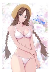 Rule 34 | 1girl, absurdres, arm across waist, bare shoulders, blush, border, bra, braid, breasts, brown eyes, brown hair, commission, embarrassed, hair between eyes, hand on own arm, highres, honma (honmatomohiro), ling shen hua, lingerie, long hair, looking at viewer, medium breasts, midriff, multicolored background, navel, outside border, panties, parted bangs, raised eyebrows, sega, shenmue, shenmue the animation, signature, skeb commission, solo, standing, thighs, twin braids, underwear, white border, white bra, white panties, yellow headwear