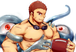 Rule 34 | 1boy, abs, ball, bara, brown hair, doro rich, facial hair, facial scar, goatee, goggles, goggles around neck, tamamura gunzo, large pectorals, long sideburns, looking at viewer, male focus, muscular, muscular male, nipples, nude, pectorals, rugby ball, scar, scar on cheek, scar on face, short hair, sideburns, smile, solo, spirit, stubble, thick eyebrows, tokyo houkago summoners, upper body