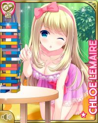 Rule 34 | 1girl, all fours, barefoot, blonde hair, blue eyes, bow, breasts, character name, chloe lemaire, cleavage, curtains, girlfriend (kari), hair bow, hairband, indoors, jenga, long hair, nightgown, official art, one eye closed, open mouth, pink nightgown, plant, potted plant, qp:flapper, ribbon, solo, table, toes