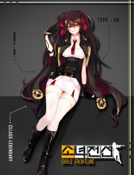 Rule 34 | 1girl, arm support, arrow (symbol), bad id, bad pixiv id, belt, black background, black footwear, black gloves, blush, boots, brown hair, character name, copyright name, english text, evil grin, evil smile, girls&#039; frontline, gloves, grin, hair between eyes, hand in own hair, head tilt, highres, knee boots, looking at viewer, necktie, odeng touken, pencil skirt, red eyes, red necktie, sitting, skirt, smile, solo, thighhighs, two side up, type 97 (girls&#039; frontline), white skirt, white thighhighs, wing collar