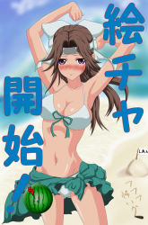 Rule 34 | 10s, 1girl, alternate costume, armpits, arms up, bad id, bad pixiv id, beach, bikini, blush, breasts, brown hair, cleavage, commentary request, day, dominia, eyebrows, food, forehead protector, fruit, hachimaki, hair intakes, headband, highres, jintsuu (kancolle), jintsuu kai ni (kancolle), kantai collection, long hair, looking at viewer, medium breasts, navel, purple eyes, solo, swimsuit, translation request, watermelon