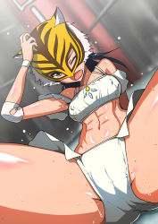 Rule 34 | 1girl, abs, black hair, brown eyes, elbow pads, highres, manjuurou, mask, midriff, navel, one eye closed, solo, spread legs, spring tiger, sweat, takaoka haruna, tiger mask (series), tiger mask w, wrestling outfit, wrestling ring, wristband