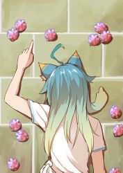 Rule 34 | 1girl, absurdres, ahoge, animal ear fluff, animal ears, arm up, blue hair, cat ears, commentary request, copyright request, gradient hair, green hair, gundam, highres, ky (ky990533), long hair, lying, meme, multicolored hair, on stomach, pointing, shirt, short sleeves, solo, tied shirt, upper body, white shirt