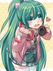 Rule 34 | 1girl, alternate hairstyle, green eyes, green hair, hatsune miku, headphones, headphones around neck, heart, long hair, looking at viewer, matching hair/eyes, necktie, open mouth, ponytail, project diva (series), project diva f, shinyae, skirt, smile, solo, sweater, thighhighs, very long hair, vocaloid, zettai ryouiki