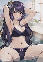 Rule 34 | 1girl, absurdres, armpits, arms behind head, arms up, arzareia, bare arms, bare shoulders, bikini, blush, breasts, cleavage, collarbone, commentary, feet out of frame, genshin impact, highres, large breasts, long hair, looking at viewer, navel, onsen, purple bikini, purple eyes, purple hair, raiden shogun, sitting, smile, solo, stomach, swimsuit, thighs, underwear, very long hair, water