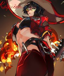 Rule 34 | 1girl, belt, black hair, bob cut, breasts, cleavage, crop top, electric guitar, english text, explosion, fire, fire, found modori, from below, glasses, green-tinted eyewear, guilty gear, guilty gear strive, guitar, hat, highres, i-no, instrument, large breasts, large hat, looking at viewer, looking down, navel, short hair, solo, stomach, thighhighs, tinted eyewear, venus symbol, witch hat