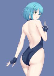 Rule 34 | 1girl, absurdres, ass, back, backless swimsuit, black gloves, black one-piece swimsuit, blue background, blue hair, bob cut, commentary, cowboy shot, dead or alive, fingerless gloves, flatfield, from behind, gloves, green eyes, hair ornament, hairclip, highres, jewelry, looking at viewer, looking back, nico (doa), one-piece swimsuit, parted lips, pointing, pointing up, ring, short hair, simple background, smile, solo, standing, swimsuit