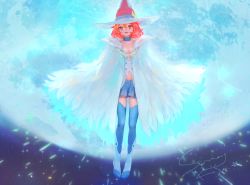 Rule 34 | 1girl, :d, bad id, bad pixiv id, blue neckwear, blue skirt, blue thighhighs, boots, breasts, cape, choker, cleavage, commentary request, full body, full moon, hair between eyes, hat, kisei2, little witch academia, long hair, looking at viewer, moon, navel, night, night sky, open mouth, orange hair, pleated skirt, red eyes, shiny chariot, short hair, signature, skirt, sky, smile, solo, star (sky), starry sky, thighhighs, vest, white hat, witch, witch hat, zettai ryouiki