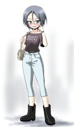 Rule 34 | 1girl, absurdres, bag, belt, black footwear, black shirt, blue eyes, blue pants, blush, boots, bracelet, capri pants, carrying, casual, clothes writing, commentary, finger to face, full body, girls und panzer, glasses, grey hair, handbag, highres, irony, jewelry, kamishima kanon, looking at viewer, no socks, off-shoulder shirt, off shoulder, open mouth, pants, romaji text, round eyewear, rumi (girls und panzer), shirt, short hair, short sleeves, smile, solo, translated, white belt