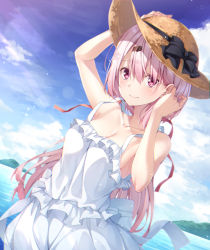 Rule 34 | 1girl, arm up, bare arms, bare shoulders, black bow, blue sky, blush, bow, breasts, cleavage, closed mouth, cloud, collarbone, day, dress, hair between eyes, hair ribbon, hand on headwear, hand up, hat, hat bow, long hair, medium breasts, nijisanji, outdoors, pink hair, red eyes, red ribbon, ribbon, shiina yuika, sky, sleeveless, sleeveless dress, smile, solo, sun hat, sundress, very long hair, virtual youtuber, white dress, yuuri nayuta