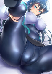Rule 34 | 1girl, absurdres, aqua eyes, ass, black bodysuit, black hair, bodysuit, bodysuit under clothes, breasts, cameltoe, covered erect nipples, covered navel, gundam, gundam build divers, gundam build divers re:rise, highres, impossible bodysuit, impossible clothes, katourennyu, large breasts, long hair, looking at viewer, may (gundam build divers re:rise), shiny clothes, shiny skin, shrug (clothing), solo, spread legs, white background