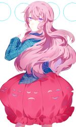 Rule 34 | 1girl, bubble skirt, chromatic aberration, expressionless, from behind, hata no kokoro, highres, long hair, long sleeves, looking at viewer, looking back, pink hair, plaid, plaid shirt, purple eyes, shirt, shuukenyuu, skirt, solo, touhou, white background