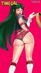 Rule 34 | 1girl, artist name, ass, boots, closed eyes, copyright name, from behind, gloves, green hair, knee boots, kneepits, long hair, looking back, open mouth, pink background, purple shirt, red shirt, red shorts, reika (time gal), retorabi00, shirt, short shorts, shorts, simple background, smile, solo, taito, thighs, time gal, white footwear, white gloves