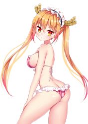 Rule 34 | 10s, 1girl, akuma (ogino-m), ass, bikini, blonde hair, breasts, butt crack, cowboy shot, dragon girl, dragon horns, frilled bikini, frills, from side, gradient eyes, gradient hair, hair between eyes, hand on lap, hand on own chest, hand up, horns, kobayashi-san chi no maidragon, large breasts, long hair, looking at viewer, maid headdress, multicolored eyes, multicolored hair, orange eyes, orange hair, shiny skin, sideboob, simple background, slit pupils, smile, solo, striped bikini, striped clothes, swimsuit, tohru (maidragon), twintails, vertical-striped bikini, vertical-striped clothes, white background, yellow eyes