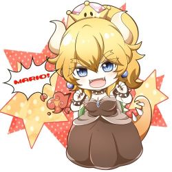 Rule 34 | 1girl, :d, armlet, black dress, blonde hair, blue eyes, bowsette, bracelet, chibi, claw pose, collar, dress, hair between eyes, horns, jewelry, lowres, mario (series), nail polish, new super mario bros. u deluxe, nintendo, open mouth, ponytail, satou (shiny sugar87), shell, smile, solo, speech bubble, spiked armlet, spiked bracelet, spiked collar, spiked tail, spikes, strapless, strapless dress, super crown, tail, thick eyebrows, v-shaped eyebrows