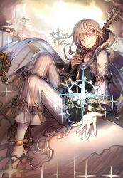 Rule 34 | 10s, 1boy, anklet, barefoot, blue eyes, braid, cloud, eyebrows, glowing, granblue fantasy, grey hair, highres, hood, jewelry, long hair, looking at viewer, male focus, noa (granblue fantasy), parted lips, signature, smile, solo, sparkle, staff, star (symbol), starry background, tenyo0819