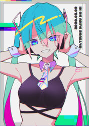 Rule 34 | 1girl, absurdres, black shirt, blue eyes, blue hair, border, character name, collarbone, colored inner hair, dated, eyelashes, grey border, grin, hair between eyes, hatsune miku, headphones, highres, holographic clothing, long hair, looking at viewer, multicolored hair, navel, necktie, number tattoo, shirt, shoulder tattoo, smile, solo, tattoo, tendoshi, twintails, vocaloid, white necktie