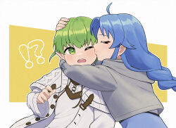 Rule 34 | !?, 1boy, 1girl, ahoge, blue hair, blush, brother and sister, closed eyes, commission, embarrassed, green eyes, grey hair, hand on another&#039;s head, hetero, highres, hug, kiss, kissing cheek, lara greyrat, long hair, mushoku tensei, open mouth, pixiv commission, shirt, siblings, sieghart saladin greyrat, simple background, smile, sweater, teeth, upper body, upper teeth only, urin (littleurin), white shirt, white sweater