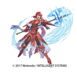 Rule 34 | 1girl, armor, axe, fire emblem, fire emblem: mystery of the emblem, fire emblem heroes, full body, gloves, headband, izuka daisuke, minerva (fire emblem), nintendo, official art, open mouth, red armor, red eyes, red hair, short hair, simple background, solo, weapon, white background