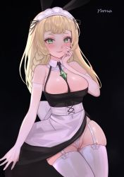 Rule 34 | 1girl, absurdres, aged up, apron, arm support, bad id, bad pixiv id, bare shoulders, black background, black dress, blonde hair, blush, braid, breasts, cleft of venus, closed mouth, creatures (company), detached collar, diamond (shape), dress, elbow gloves, eyelashes, game freak, garter belt, garter straps, gem, gloves, green eyes, green gemstone, hand up, headdress, highres, lillie (pokemon), long hair, looking at viewer, nintendo, norza, panties, partially visible vulva, pokemon, pokemon sm, signature, simple background, smile, solo, thighhighs, twin braids, underwear, waist apron, white apron, white gloves, white panties, white thighhighs