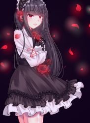 Rule 34 | 1girl, bad id, bad pixiv id, black background, black hairband, black skirt, blurry, blurry background, center frills, cross, cross earrings, crossed arms, earrings, flower, frills, hair flower, hair ornament, hairband, highres, jewelry, long hair, looking at viewer, original, petals, red eyes, red flower, ronpu cooing, shirt, skirt, solo, standing, very long hair, white shirt