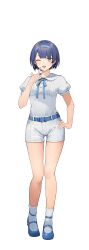 Rule 34 | 1girl, ;d, absurdres, belt, belt buckle, blue belt, blue eyes, blue footwear, blue hair, blue hairband, blue ribbon, blunt bangs, blush, buckle, cevio, collared shirt, commentary request, dot nose, full body, hairband, hand on own hip, hand up, highres, index finger raised, looking at viewer, mary janes, neck ribbon, one eye closed, open mouth, psd available, puffy short sleeves, puffy sleeves, ribbon, shirinda fureiru, shirt, shirt tucked in, shoes, short hair, short shorts, short sleeves, shorts, simple background, smile, socks, solo, standing, straight-on, suzuki tsudumi, tachi-e, transparent background, variant set, white shorts, white socks