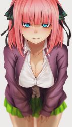 Rule 34 | 1girl, black ribbon, blue eyes, blunt bangs, breasts, butterfly hair ornament, cardigan, cleavage, closed mouth, collared shirt, commentary request, go-toubun no hanayome, green skirt, grey background, hair ornament, hair ribbon, highres, hoshi san 3, large breasts, leaning forward, looking at viewer, medium hair, miniskirt, nakano nino, open cardigan, open clothes, pink hair, pleated skirt, purple cardigan, ribbon, see-through, shirt, skirt, solo, thighs, two side up, white shirt