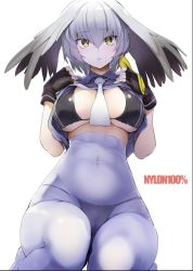 Rule 34 | 10s, 1girl, artist name, back cover, bodystocking, breasts, cover, grey hair, highres, kemono friends, large breasts, looking at viewer, nylon (nylon 100%), parted lips, shoebill (kemono friends), solo, yellow eyes