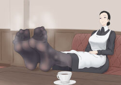 Rule 34 | 1girl, absurdres, apron, black hair, coffee, coffee cup, cup, disposable cup, feet, hair bun, highres, isabella (yakusoku no neverland), long hair, pantyhose, purple eyes, sitting, soles, steam, table, toes, yakusoku no neverland
